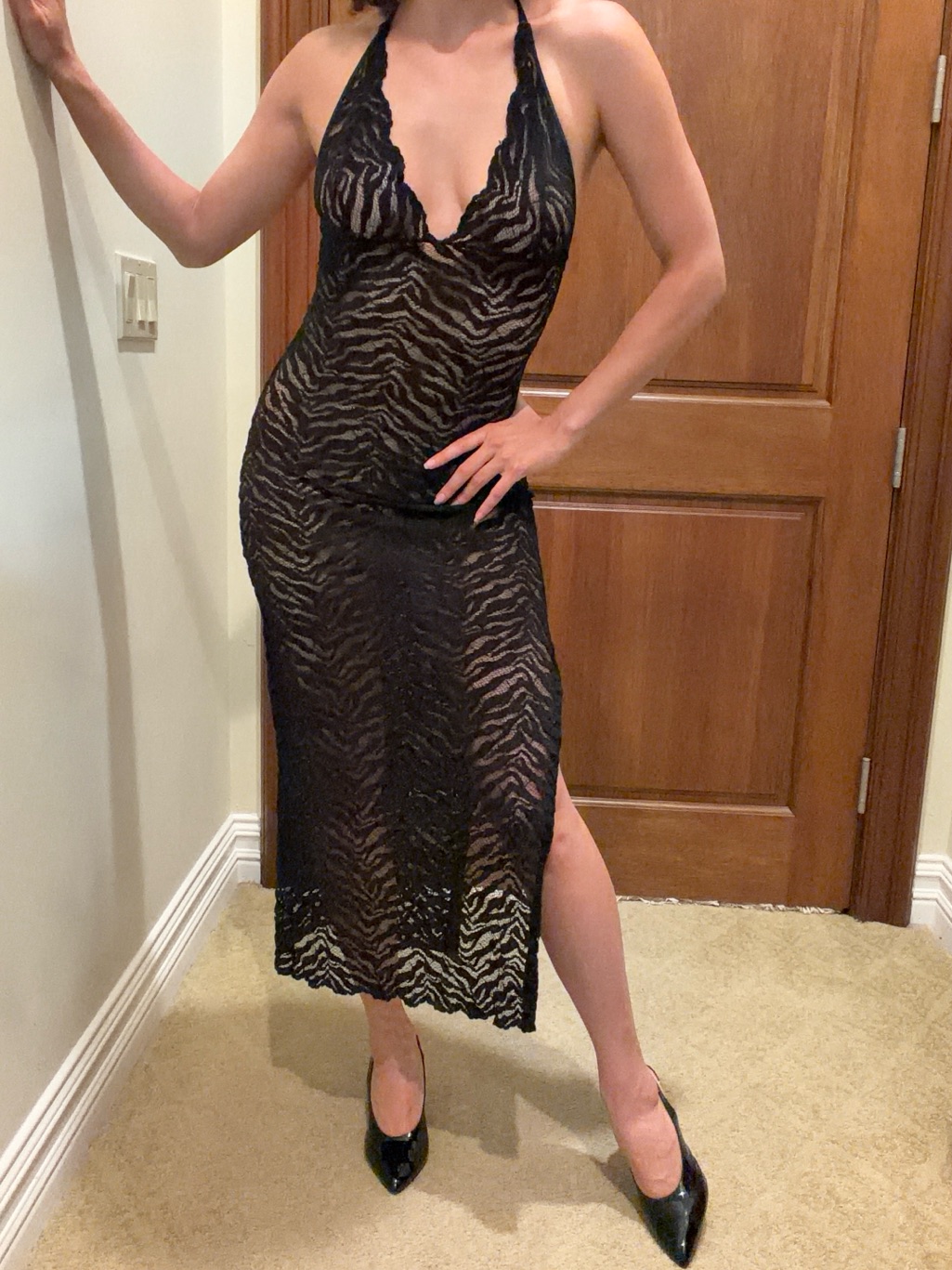 Sexy Vintage Sheer Black Zebra Lace Halter Midi Dress (Small But Could Fit Xs/M)